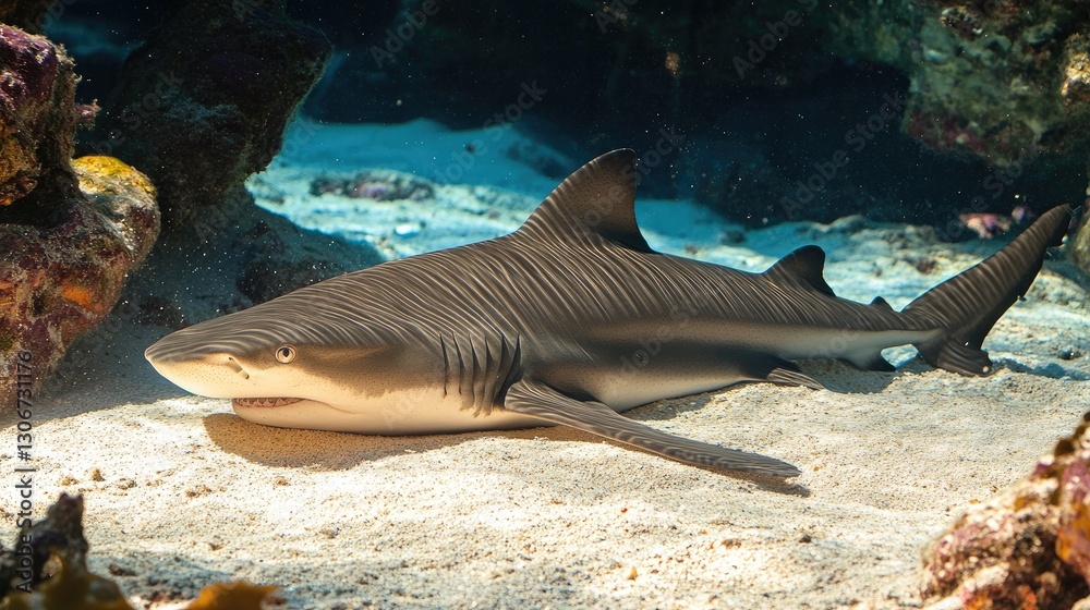 Fototapeta premium A nurse shark resting on the ocean floor, its body partially covered in sand.