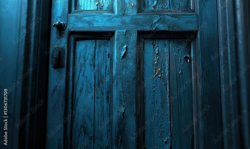 Close-up of a weathered wooden door with peeling blue paint illuminated by soft light emphasizing its rustic and textured surface Close-up of a weathered wooden door with peeling blue paint illuminated by soft light emphasizing its rustic and textured surface