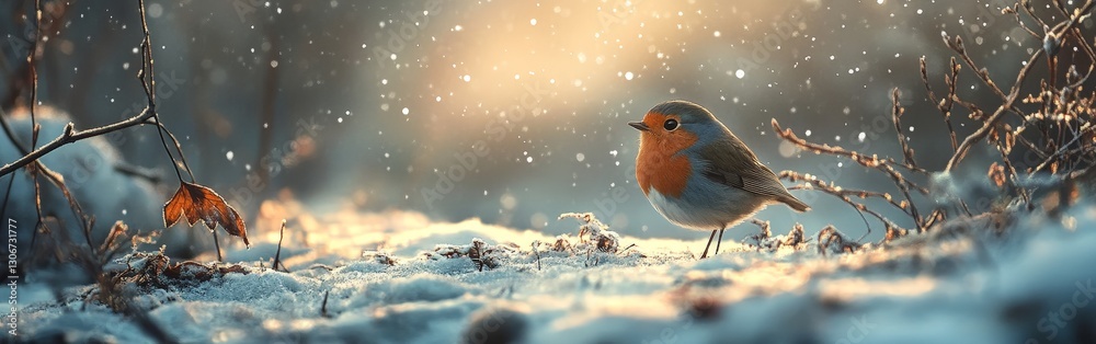 Single Bird Walking on Snowy Path with Frosty Landscape in Winter Single Bird Walking on Snowy Path with Frosty Landscape in Winter