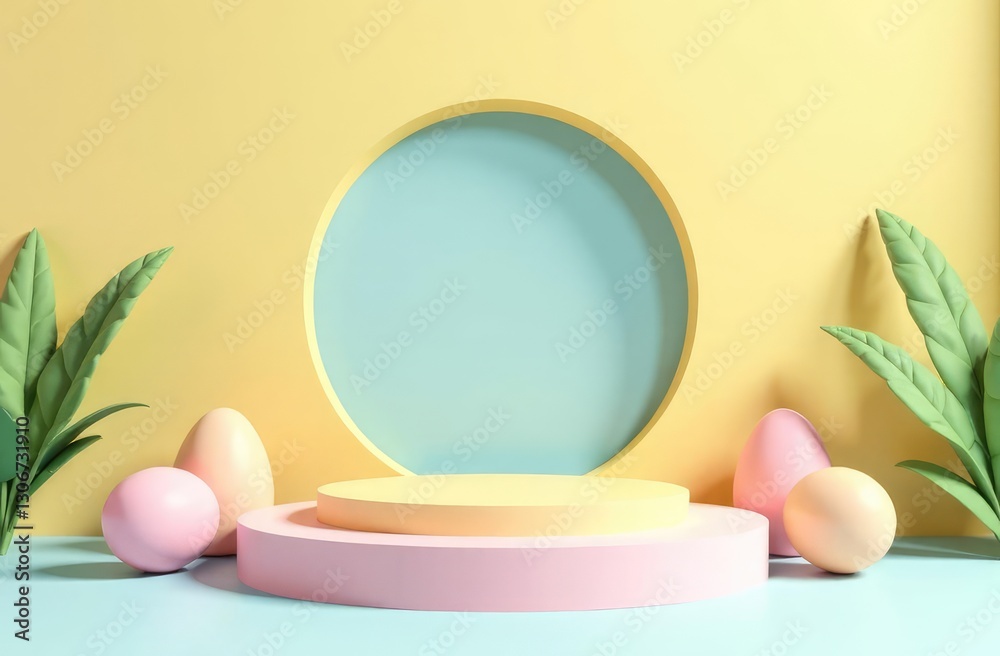 Fototapeta premium happy easter day background. Yellow, blue, pink and white podium in egg oval shape gate backdrop scene. Platforms mockup product display. Abstract composition minimal design. 