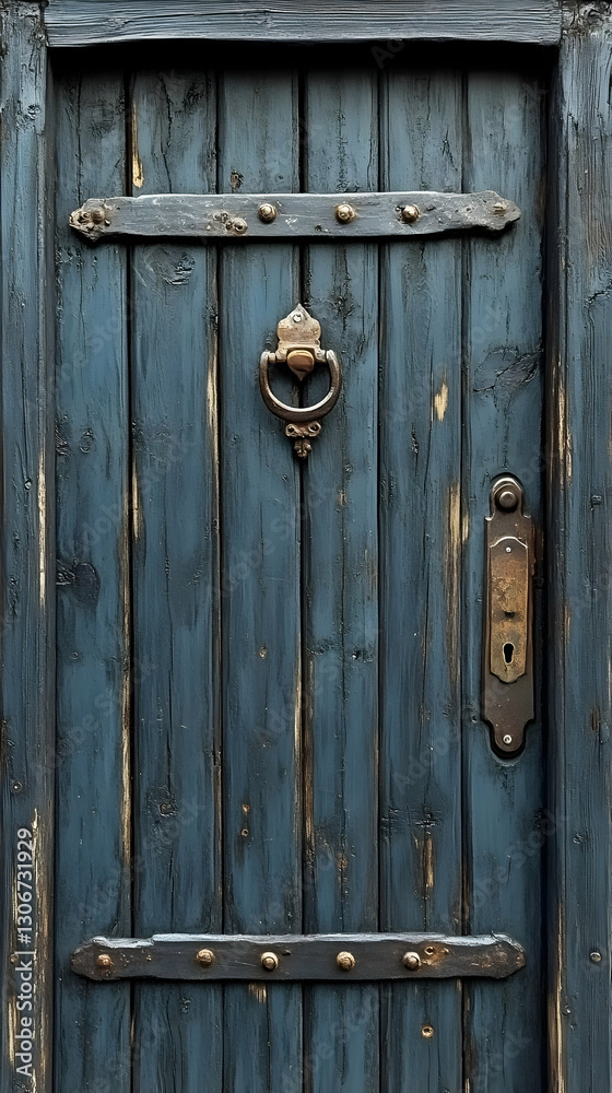 Aged Dark Blue Wooden Door With Metal Hardware Aged Dark Blue Wooden Door With Metal Hardware