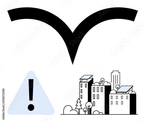 Black swooping shape over a cityscape of eco-friendly solar buildings, alert symbol below. Ideal for sustainability, clean energy, urban development, eco-architecture, green living, environment