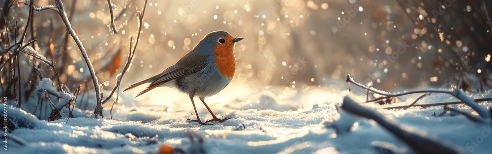 Single Bird Walking on Snowy Path with Frosty Landscape in Winter Single Bird Walking on Snowy Path with Frosty Landscape in Winter