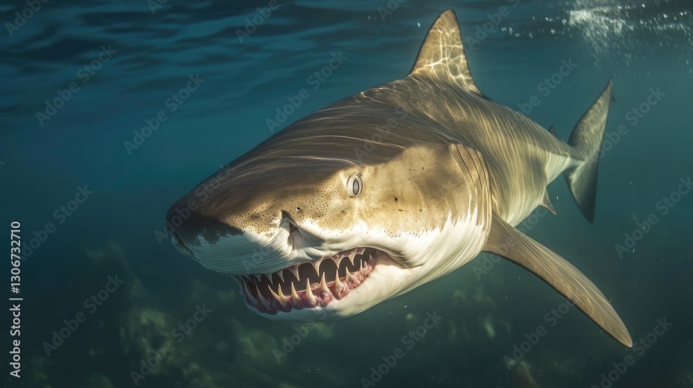 Fototapeta premium A sand tiger shark with its jagged teeth exposed, floating calmly in the water.