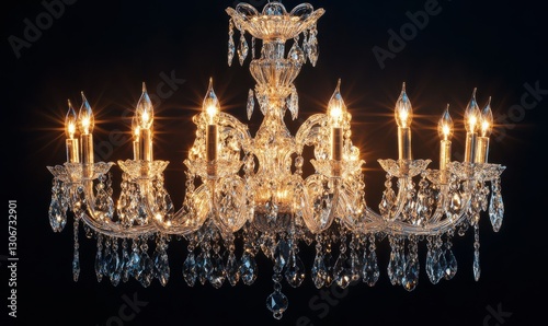 Elegant crystal chandelier glowing warmly in a luxurious interior, softly illuminated to highlight its intricate design
