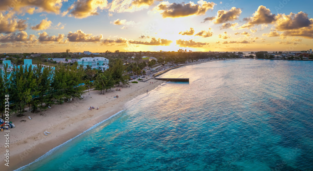 Aerial sunset view of the beautiful Junkanoo beach next to Nassau town, The Bahamas, Caribbean