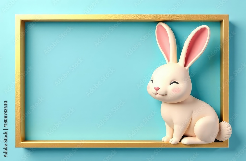 Obraz premium Easter cards with rabbit ears and a gold texture frame. Vector 3D abstract illustration of paper tenderloin. Copy a place for the text. Easter rabbit with the inscription Happy Easter on a blue backgr