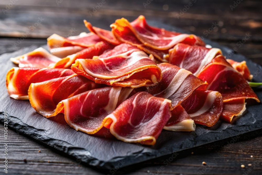 Savor the richness of gourmet Iberico ham. Dark slate, fine food photography. Savor the richness of gourmet Iberico ham. Dark slate, fine food photography.
