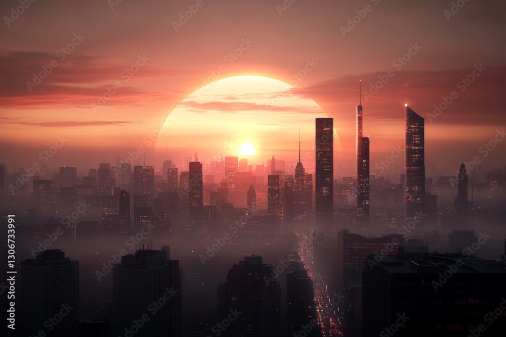 A breathtaking view of a fog-covered city skyline with the setting sun emerging, creating an ethereal atmosphere that captivates the spirit of urban beauty. A breathtaking view of a fog-covered city skyline with the setting sun emerging, creating an ethereal atmosphere that captivates the spirit of urban beauty.