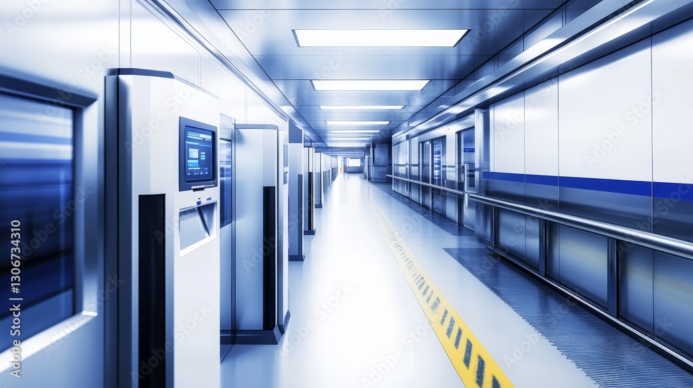 Obraz premium Futuristic corridor in a modern facility with sleek design and ambient lighting