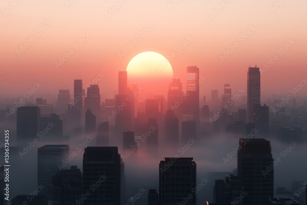 Fototapeta premium A serene sunrise over a fog-covered city, with soft pastel colors enveloping the skyline, reflecting tranquility and hope symbolizing new beginnings.