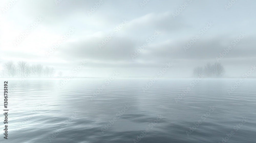 Fototapeta premium Misty lake, calm water, trees in fog, serene landscape, peaceful background