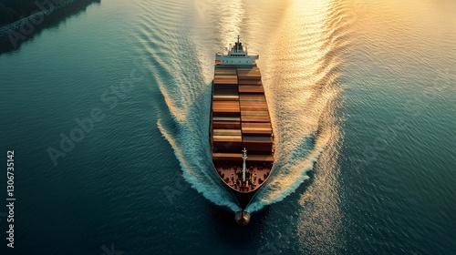 Fototapeta Naklejka Na Ścianę i Meble -  Arial view of a Container ship loaded carrying shipping containers in the sea, ship carrying container for import and export, business logistic and transportation in open sea with copy space