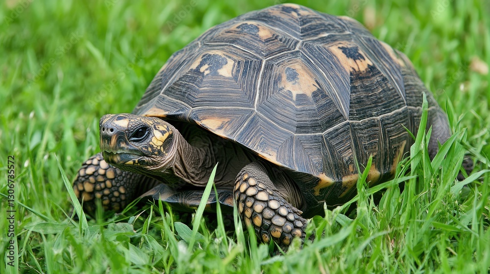 A tortoise slowly navigating through tall green grass in the wild. A tortoise slowly navigating through tall green grass in the wild.
