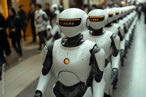 Wallpaper Mural A futuristic scene showcasing people interacting with advanced robots, symbolizing modern innovations and cutting-edge technology Torontodigital.ca