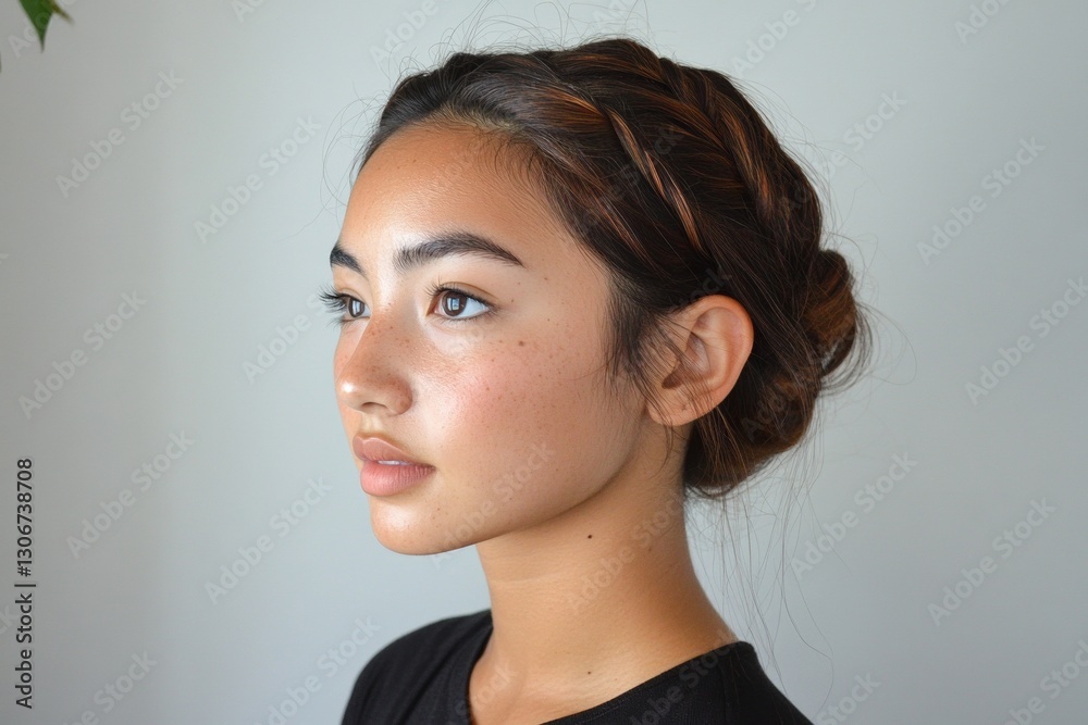 Fototapeta premium Young asian female with braided updo and natural makeup portrait