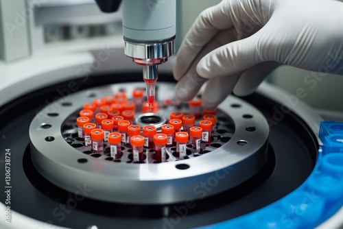 Laboratory technician handling blood samples in centrifuge for medical testing