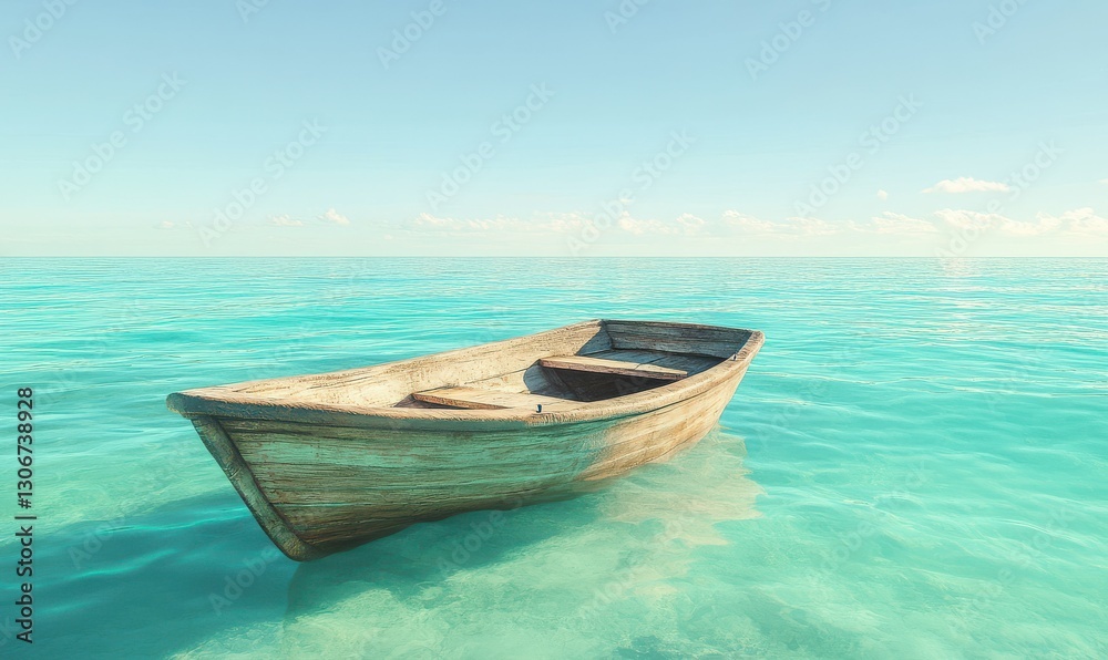 Naklejka premium Scenic view of a wooden boat floating on turquoise water under clear skies, illuminated by bright natural light for a serene and exotic feel