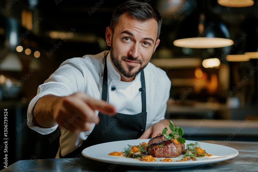 Young caucasian male chef presenting gourmet dish in restaurant kitchen Young caucasian male chef presenting gourmet dish in restaurant kitchen