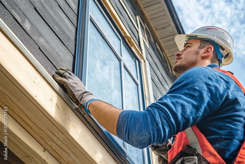 Young caucasian male construction worker installing windows on building exterior