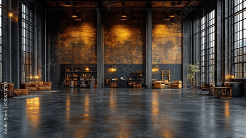 dark industrial interior with ceiling lights and metal walls dark bacground