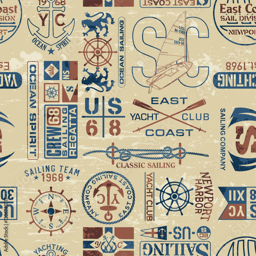 East coast nautical sailing badges and typography elements vintage vector seamless pattern for fabric print tablecloth pillow wallpaper wrapping