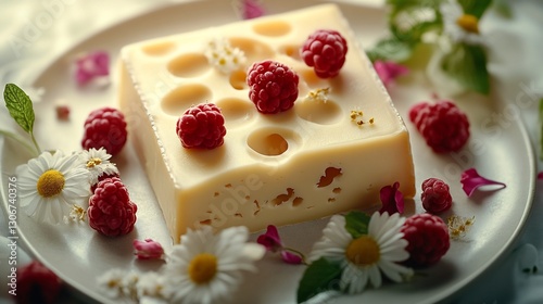 Wallpaper Mural Swiss cheese raspberries flowers plate food photography Torontodigital.ca