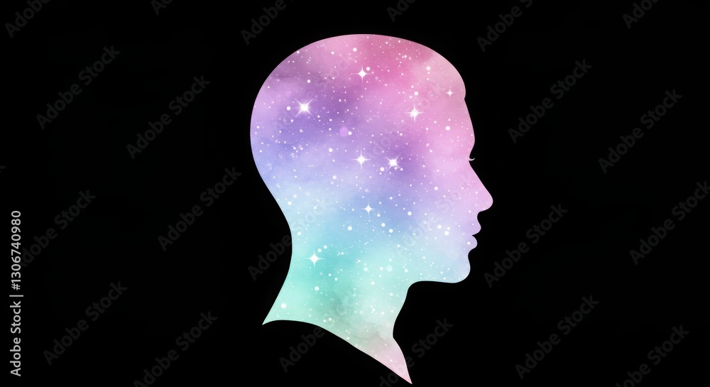 Obraz premium Silhouette of human head filled with colorful stars and galaxy on black background