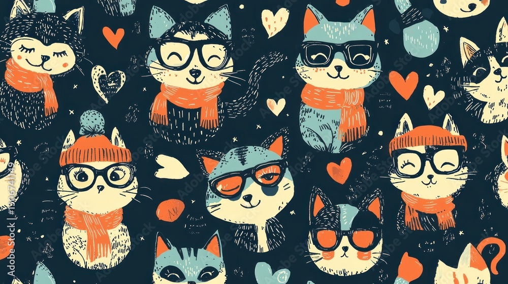 A repeating pattern of cats wearing glasses and scarves A repeating pattern of cats wearing glasses and scarves