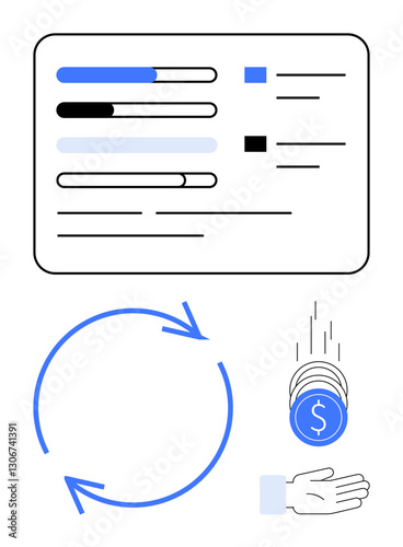 Progress bars on panel show data status, circular arrows suggest process flow, coins into hand highlight monetary exchange. Ideal for finance, sustainability, data, economy, workflow, investment