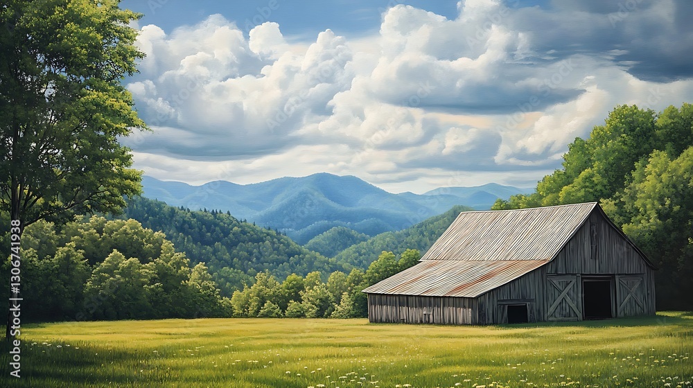 Fototapeta premium green rolling hills with rustic barn showing scenic rural nature and peaceful countryside concept scene