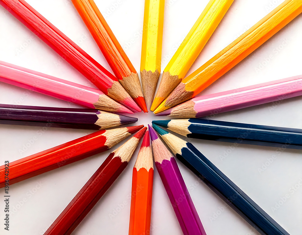 Vibrant colored pencils arranged in a radial pattern on a white background. A colorful, symbolic image representing creativity, ideas, and potential. Perfect for education, art, and design projects. Vibrant colored pencils arranged in a radial pattern on a white background. A colorful, symbolic image representing creativity, ideas, and potential. Perfect for education, art, and design projects.