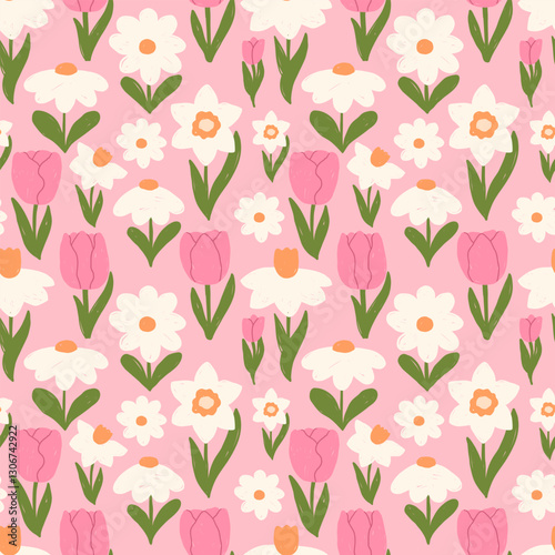 Spring seamless pattern with hand drawn flowers