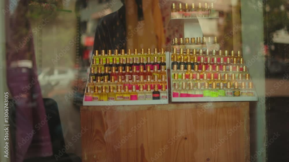 Nail polish bottles displayed in a beauty store through the glass window