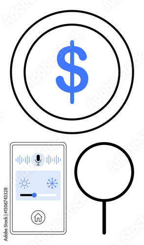 Dollar sign in circle, smart device with brightness and AC controls, magnifying glass. Ideal for finance, smart tech, budget planning, automation, search, control flat simple metaphor