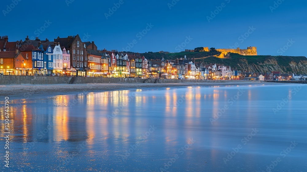 Obraz premium Twilight coastal town, beach reflection, castle backdrop, tourism