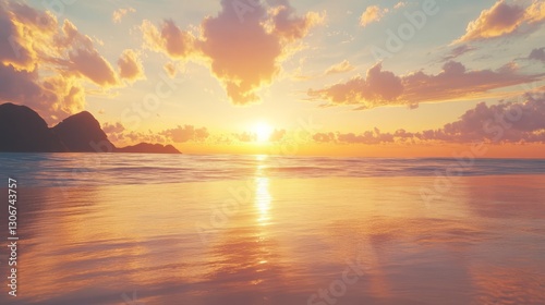 Scenic sunset over beach with calm waves, golden sky, and reflection, serene and peaceful, ultra-detailed, 4k