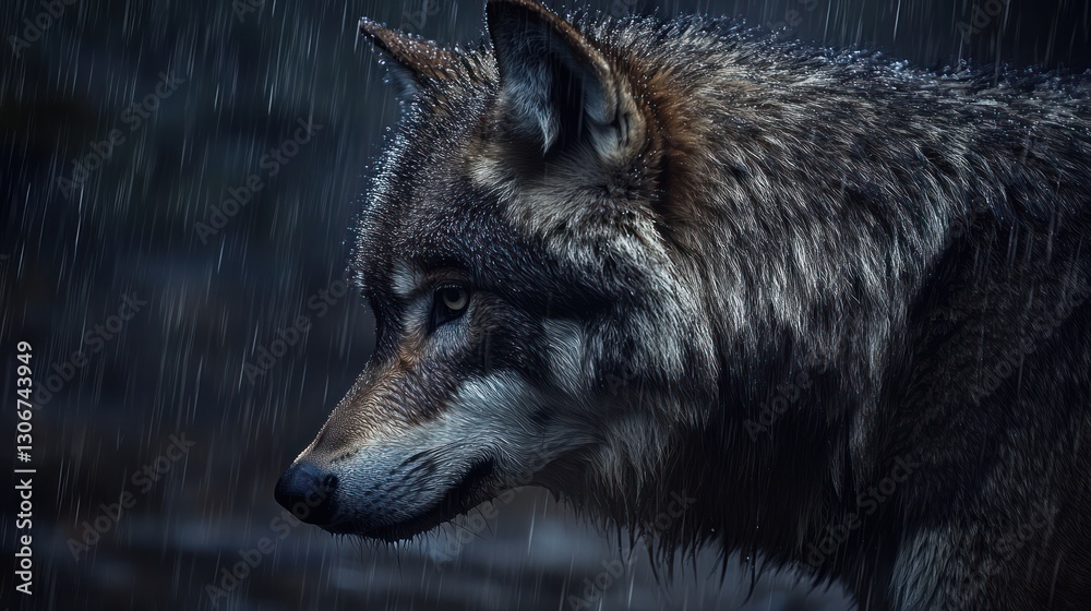 Fototapeta premium Rain-soaked Wolf in Dark Forest