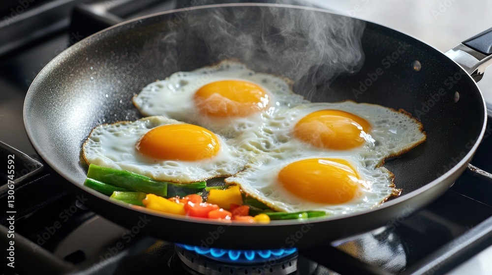 Fried eggs with vegetables cooking on stove Fried eggs with vegetables cooking on stove