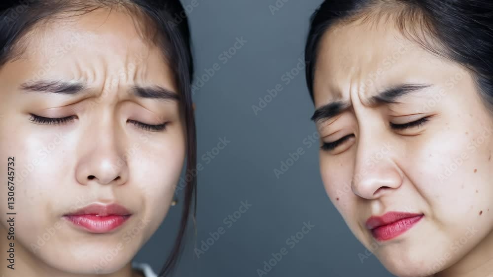 Static close-up video of two young asian women with expressive eyes and freckles, soft, diffused light, both expressing deep sorrow, gray background emphasizes their shared grief Static close-up video of two young asian women with expressive eyes and freckles, soft, diffused light, both expressing deep sorrow, gray background emphasizes their shared grief