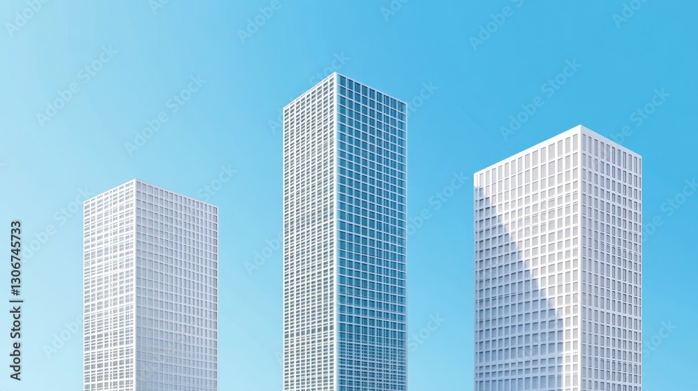 Three modern skyscrapers, clear sky, urban development, architectural design, real estate Three modern skyscrapers, clear sky, urban development, architectural design, real estate