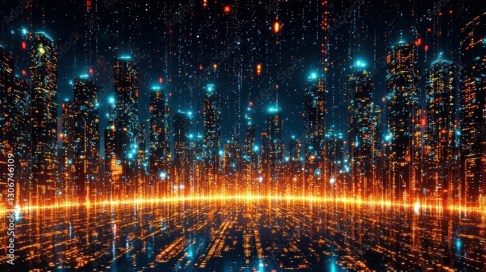 Fototapeta premium Futuristic Metropolis Displaying Complex Networked Data Visualizations At Night