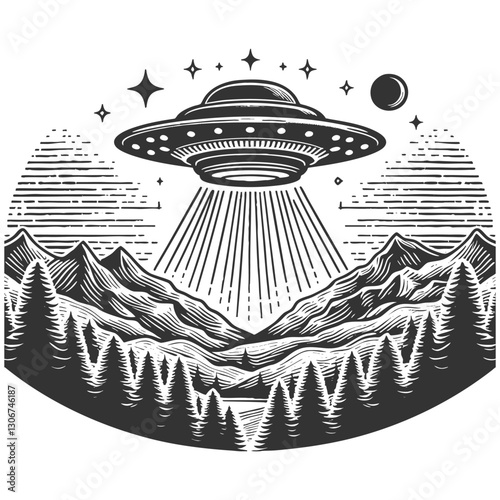 UFO flying saucer hovering over mountainous forest landscape, emitting bright beam of light, with stars and planets sketch engraving generative ai vector illustration. Scratch board. Black and white.