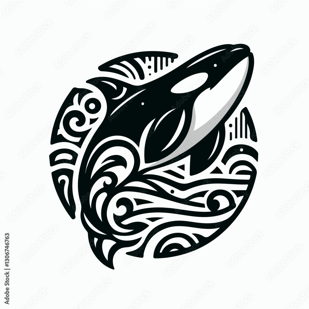 Orca Emblem: An artistic orca design with a black and white color scheme, set within an ornate circular pattern, evoking a sense of marine life and artistic flair. Orca Emblem: An artistic orca design with a black and white color scheme, set within an ornate circular pattern, evoking a sense of marine life and artistic flair.