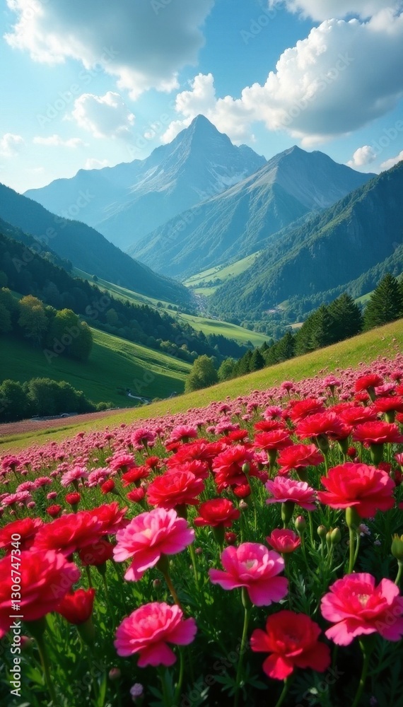 Fototapeta premium Rolling hills of carnations, dramatic mountain backdrop , travel, scenic