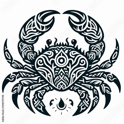 Mystic Crab: A captivating artistic illustration of a crab adorned with intricate tribal patterns, reflecting a fusion of nature and design.