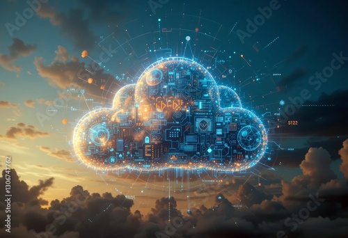 Digital cloud and data overlays on a sky background.