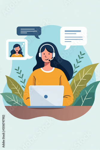 Friendly Customer Support Agent Offers Online Help Via Chat Interface with Headset Professional Assistance for Clients Worldwide Vector Graphic for Business Success