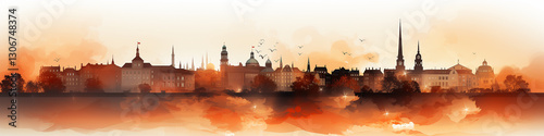Wallpaper Mural Cityline watercolor painting landscape abstract old european city background white, autumn print poster long panorama Torontodigital.ca