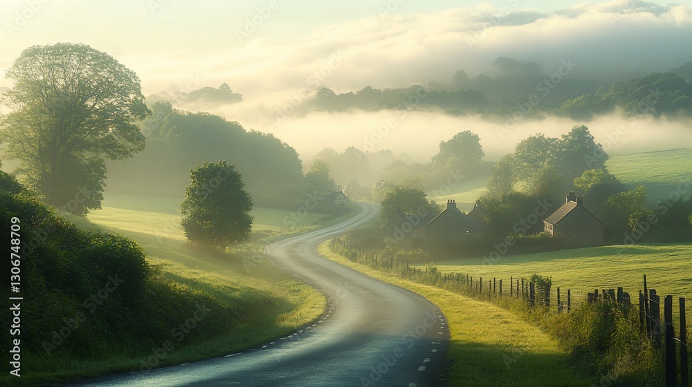 Fototapeta premium Winding road, sunrise mist, rural valley, idyllic landscape, travel poster